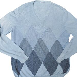 Cellini Mens sz XL/56 100% Cotton V Neck Argyle Sweater lightweight preppy Italy